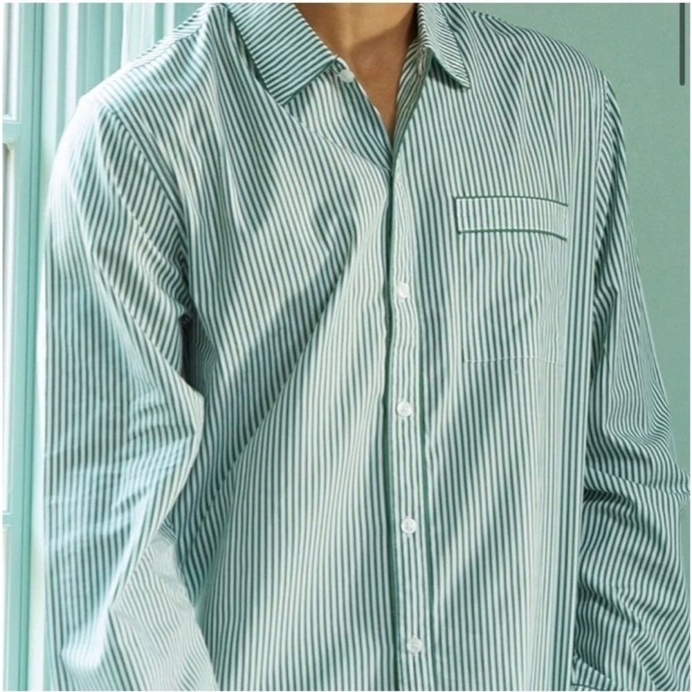 Lake green & white striped button down pajama shirt men's size large 100% cotton